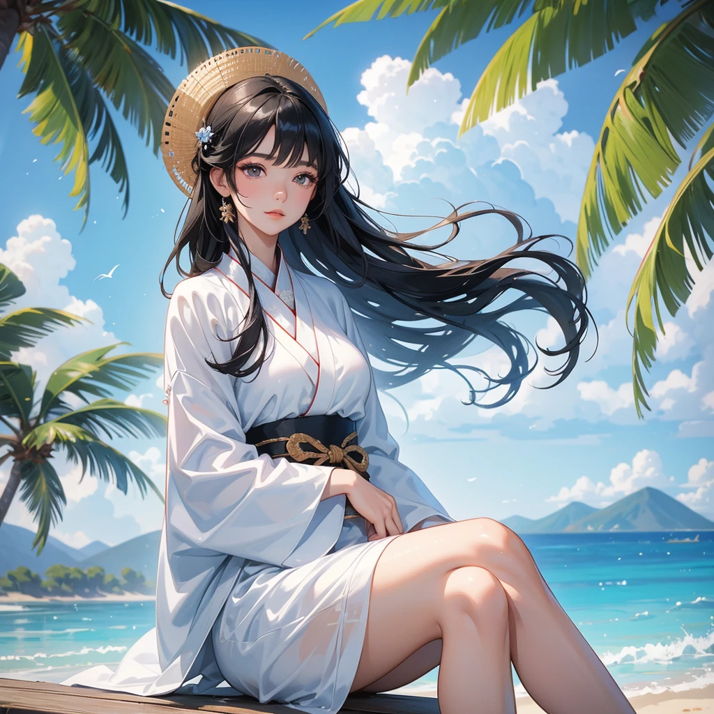 A black hair beautiful female in white hanfu dress , close up.
Sitting fishing By the blue sea Under the coconut tree Behind there are mountains, with low, lazily floating clouds.