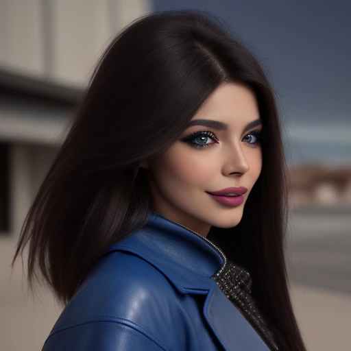 Best quality, realistic, from the front in first person, On the street, (a female mexican Supermodel), (Seductive Blue Leather Coat:1.1), split, seductive smile, (dark hair), (hairstyle:1.0), Perfect eyes, sharp parts, detailed face, face-makeup, cheeks turn red, Eyeliner, eyeshadow, lip gloss, Supermodel, (Deep Focus), (hard lighting), (Night time), (realistic lighting:1.0)