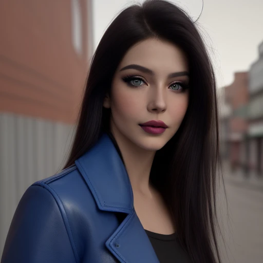 Best quality, realistic, from the front in first person, On the street, (a female mexican Supermodel), (Seductive Blue Leather Coat:1.1), split, seductive smile, (dark hair), (hairstyle:1.0), Perfect eyes, sharp parts, detailed face, face-makeup, cheeks turn red, Eyeliner, eyeshadow, lip gloss, Supermodel, (Deep Focus), (hard lighting), (Night time), (realistic lighting:1.0)