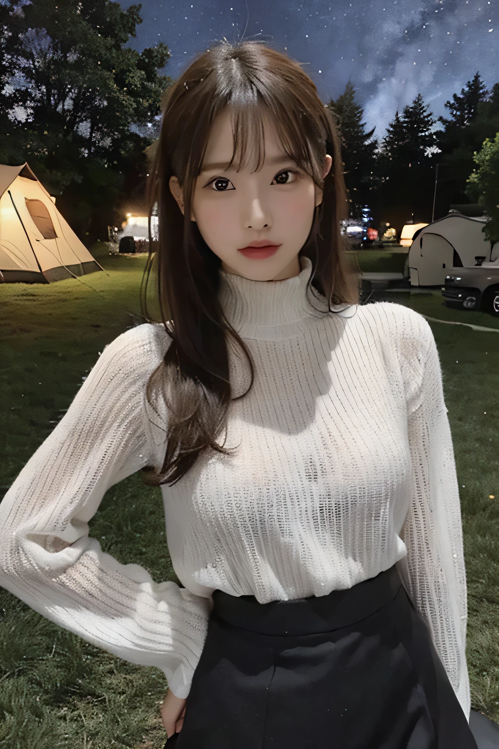 Photo of an attractive woman at an outdoor party, with long dark hair, wearing a short white knit top with a high neck and a skirt. The background features a night sky and a grassy field, with campers lit up by the lights. The photo was posted on Snapchat, and it has a casual, relaxed feel. --ar 3:4