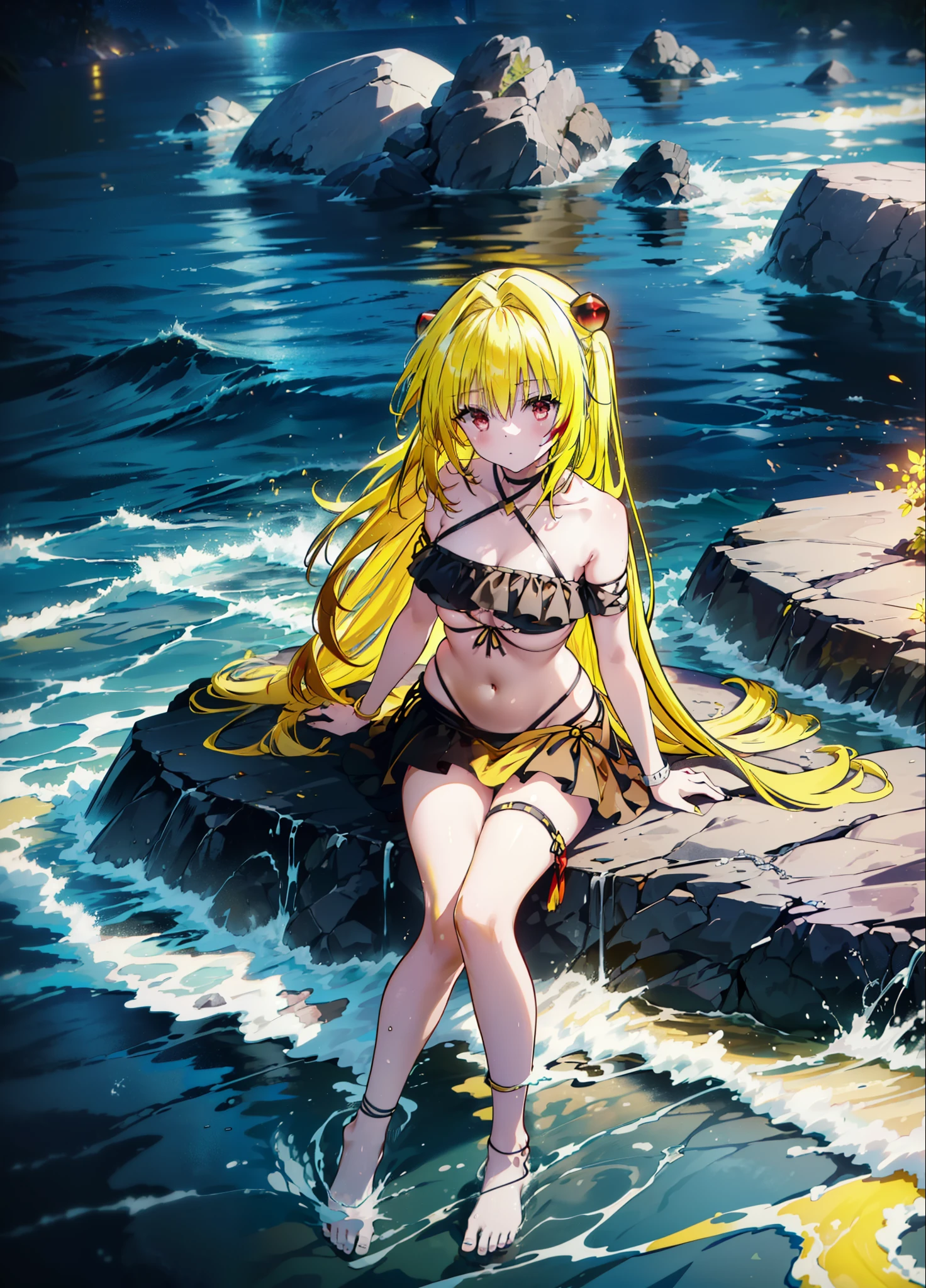 toloverumy, my, (Yellow Hair:1.5), Long Hair, (Red eyes:1.5), (hair ornaments:1.2), Both sides up, Black frilly bikini swimsuit,Belly button,abdomen,A thin long skirt is wrapped around her waist,barefoot,Sitting on a big rock,Rocky area,night,moonlight,meteor,whole bodyがイラストに入るように,
break outdoors, Beach,
break looking at viewer, whole body,
break (masterpiece:1.2), Highest quality, High resolution, unity 8k wallpaper, (figure:0.8), (Beautiful attention to detail:1.6), Highly detailed face, Perfect lighting, Highly detailed CG, (Perfect hands, Perfect Anatomy),