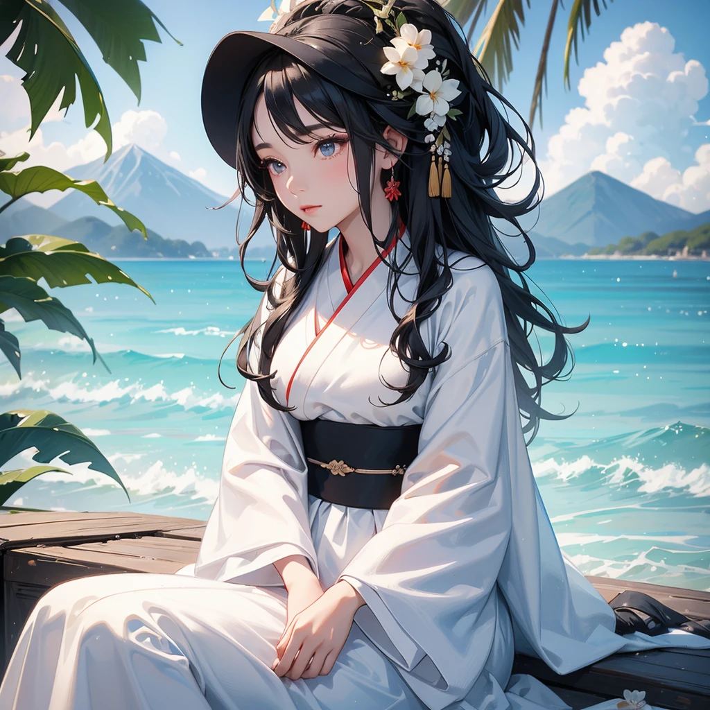 A black hair beautiful female in white hanfu dress , close up.

Sitting fishing By the blue sea Under the coconut tree Behind there are mountains, with low, lazily floating clouds.