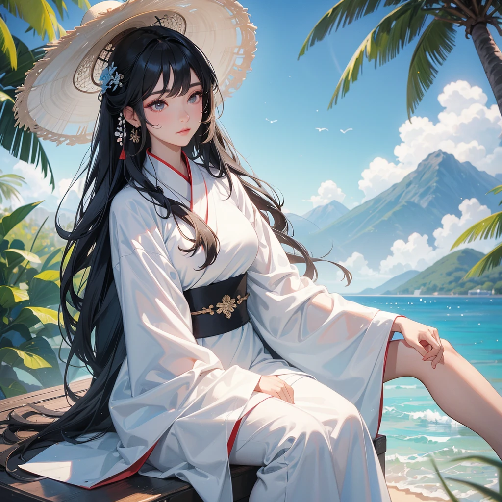 A black hair beautiful female in white hanfu dress , close up.

Sitting fishing By the blue sea Under the coconut tree Behind there are mountains, with low, lazily floating clouds.