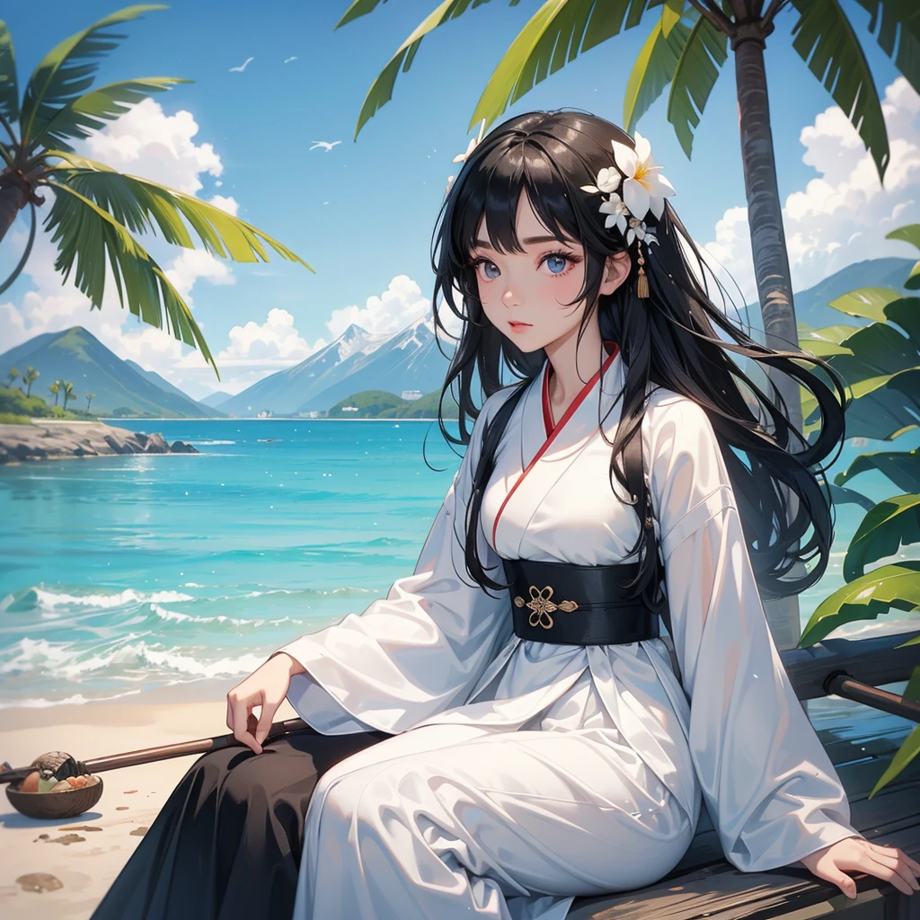 A black hair beautiful female in white hanfu dress , close up.
Sitting fishing By the blue sea Under the coconut tree Behind there are mountains, with low, lazily floating clouds.