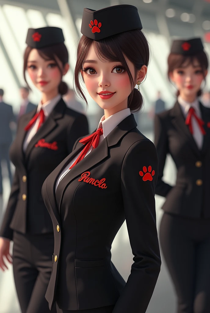 Create hostesses who have the brand pumclo on their uniform and a cat paw print in red, the letters and the paw print so that they are dressed elegantly and say PUMCLO, put a hat on them so that they are real people who are HOSTESSES at the airport 