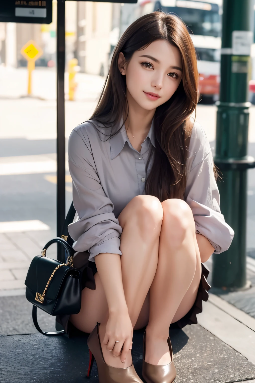 (Realistic, Photorealistic: 1.37), (Masterpiece), (Best Quality: 1.4), (Ultra High Resolution: 1.2), (RAW Photo: 1.2), (Sharp Focus: 1.3), (Facial Focus: 1.2), Elegant, (Full Body: 1.2), Best Quality, Masterpiece, (Realism: 1.2), A Girl, Brown Hair, Brown Eyes, Frontal, Detailed Face, Beautiful Eyes, Pleated Mini-Skirt , Sitting at a Bus Stop (1.5), Biting Smile, Lots of Eyelashes, High Heels, Very pretty
