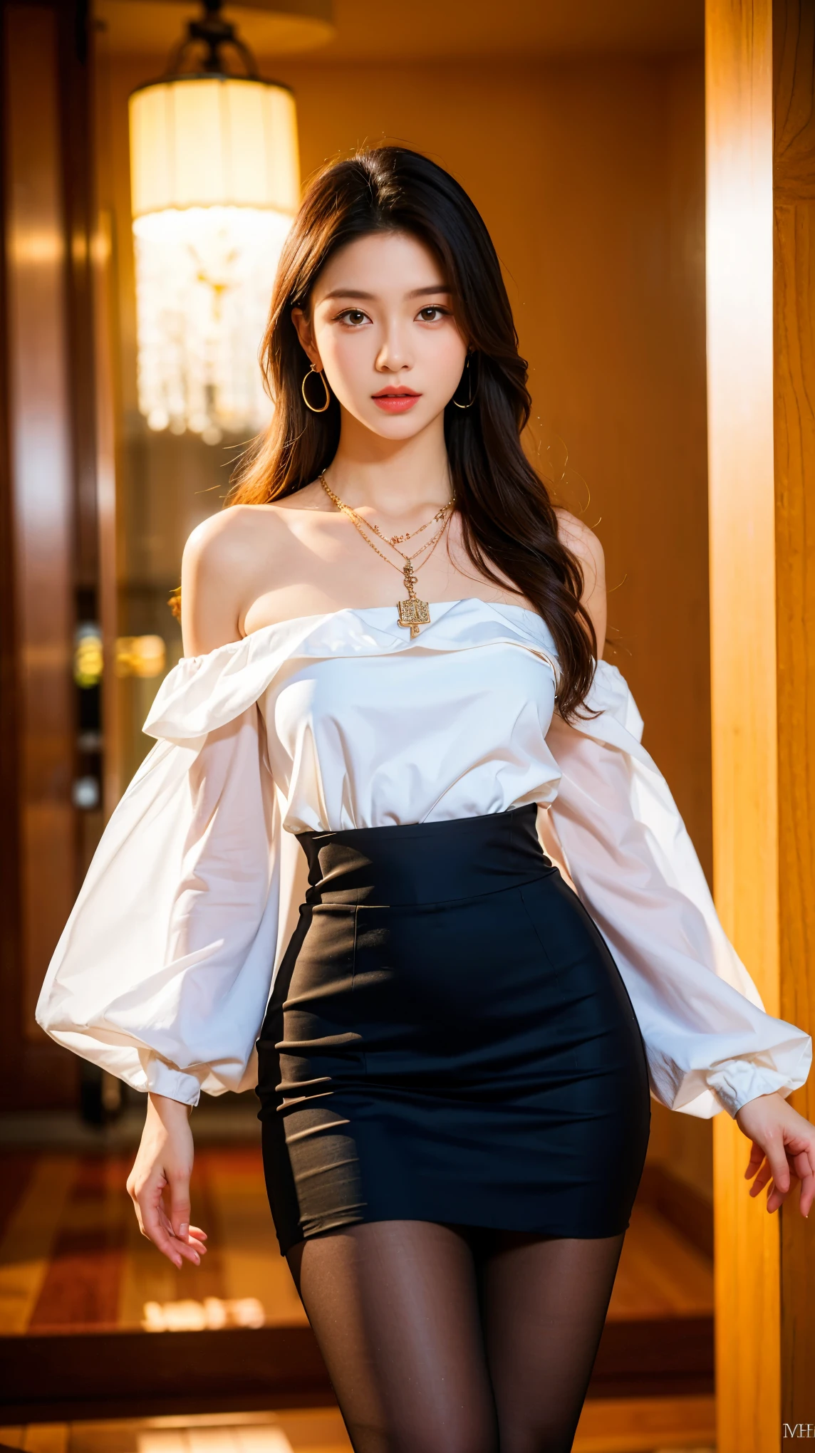 (realistic, best quality, ultra high resolution, Highly detailed eyes and face:1.3),(1 woman, alone:1.3),skirt,bijouterie,long_hair,necklace,earring,(pantyhose:1.2),perfect body,standing,big bust,upper body,split,looking at viewer,(wide hips,small_waist),off shoulder_dress,