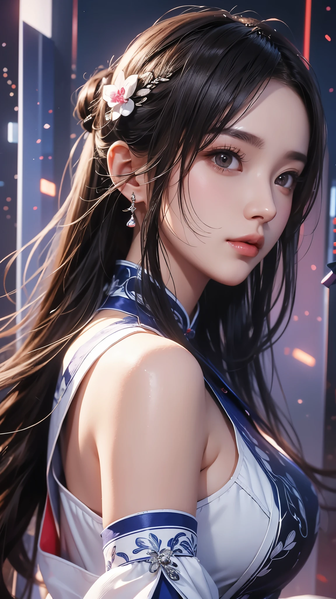 masterpiece, Highest quality, Very detailed, Facing the camera, complicatedに詳細なSuper detailed, Realistic, Sharp features, Very detailed, Sharp focus, Perfect Face, Perfect Face, Perfect symmetrical perfect eyes, Perfect Plump Lips, Flexible female form, Cinematic, Film Light, Super detailed, hyper Realistic, masterpiece, Atmospheric, High resolution, Vibrant, Cheongsam Girl,Long Hair,Pure white background,Depth of written boundary,Low angle view,Calf Level View,Overclocked Renderer,Cinema Lighting,Ultra-fine,Very detailed,complicated,Cinematic Perspective,CG Art,Side zipper