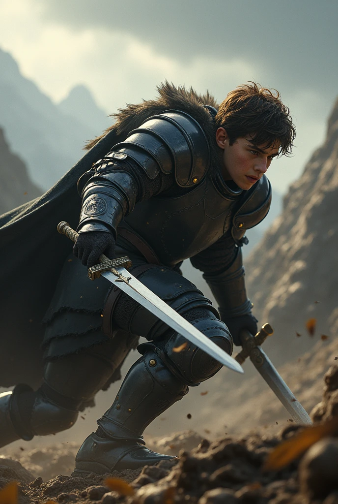 generate landscape picture, 1080p, generate brave young man with brown hair , wearing black armor, a knight with a sword, battle the orcs with fierce and without fear, he killed one orc of the hordes
