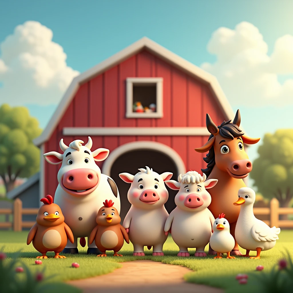 sunny day, big red barn, there are cow, pig, chicken, sheep, duck, horse and goat stand side by side together happily