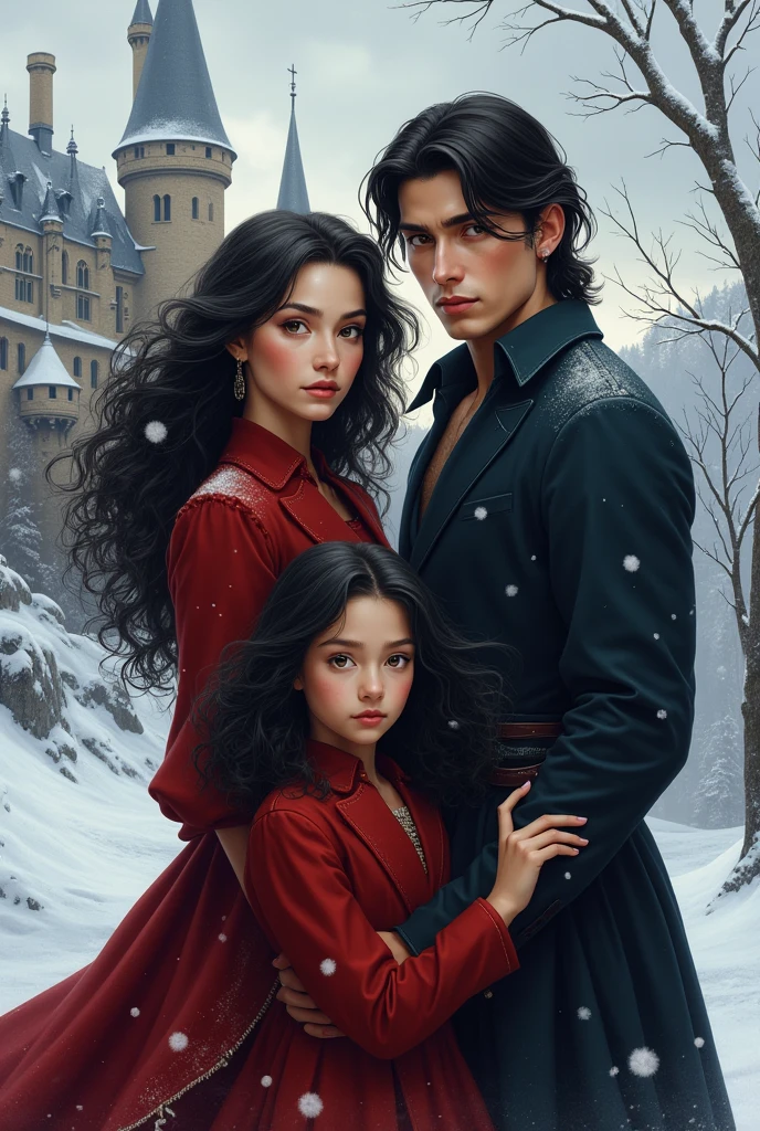 Book cover destiny traced actor Can Yaman big hair black actress curly hair young one  couple straight black hair castle snow Christmas 