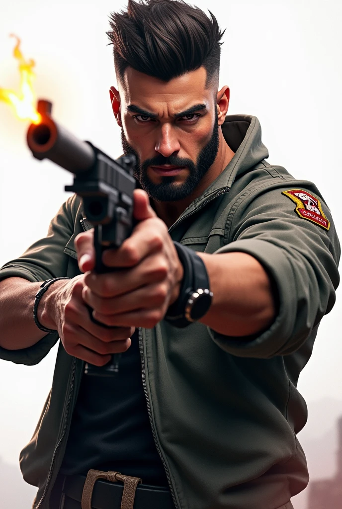 Freefire charecter beutiful boy , gun in hand ,beard , white face