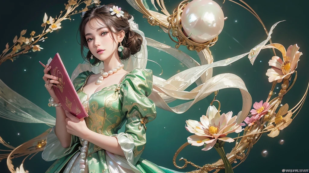 32K, 最高quality, 最高masterpiece, (ultra-Detailed Background, Detailed Background), High resolution, Super detailed, Very detailedな, 1 personの, (bouquet:1.3), (Tangled:1.2), (Geometric:1.2),(colorful),(masterpiece, quality, best quality, Official Art, Beautiful and beautiful:1.2), (1 person:1.3), Very detailed,(colorful:1.1)(Flowers:1.3),Most detailed,(Tangled:1.2), whole body, (Abstract background:1.3), (Skin glows), (Many colors:1.4), ,(Earrings Pearl:1.5), Light green background, It's imaginative., Brunette Hair, Updo, Holding a book, Holding a pen, Satin shirt