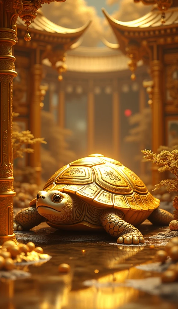 4K Ultra HD、Turtle with a golden shell、The Golden Temple、Japanese style、Gold background、Increase your luck with money、