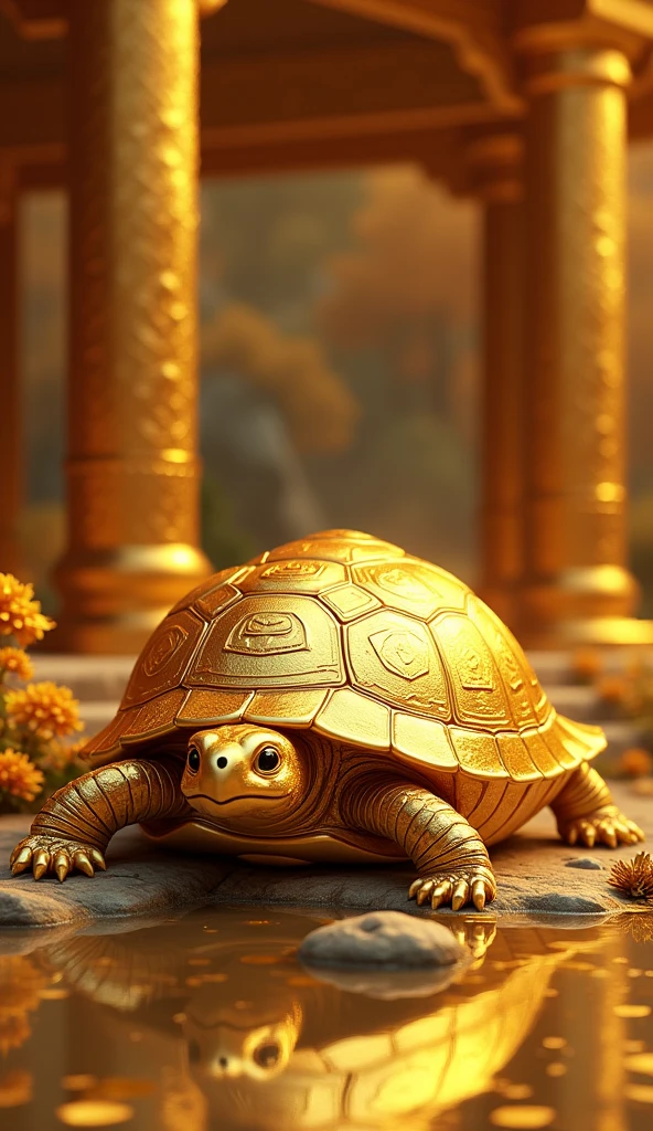 4K Ultra HD、Turtle with a golden shell、The Golden Temple、Japanese style、Gold background、Increase your luck with money、
