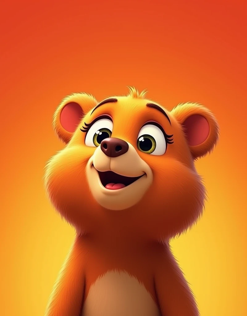 A cute orange Brown Bear with big eyes, looking up at the sky, in the style of Pixar, illustration, with a red and yellow background color, close-up shot of the face, very detailed fur texture, a happy expression, a simple background, colorful hair details, a light pink nose, high definition, high resolution