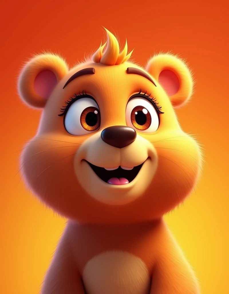 A cute orange Brown Bear with big eyes, looking up at the sky, in the style of Pixar, illustration, with a red and yellow background color, close-up shot of the face, very detailed fur texture, a happy expression, a simple background, colorful hair details, a light pink nose, high definition, high resolution
