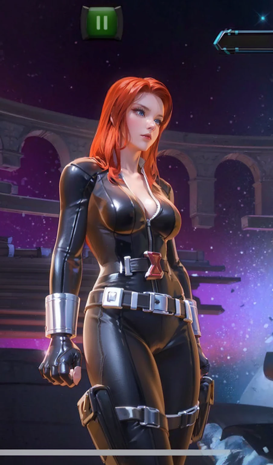 The image is a digital illustration of a red-haired girl clad in a sleek skin-tight shiny black latex bodysuit with a deep-cut zipper neckline revealing a large chest, the silver zipper running down the front. The suit is complemented by her silver wrist guard on both wrists and a metal belt with a red "black widow" symbol buckle. She is wearing gloves. She appears with a cute smile on her face. Her blue eyes are intently looking to the side. The background hints at a sky, contributing to a cosmo feel. The overall aesthetic includes warm tones that may impart a welcoming ambiance.