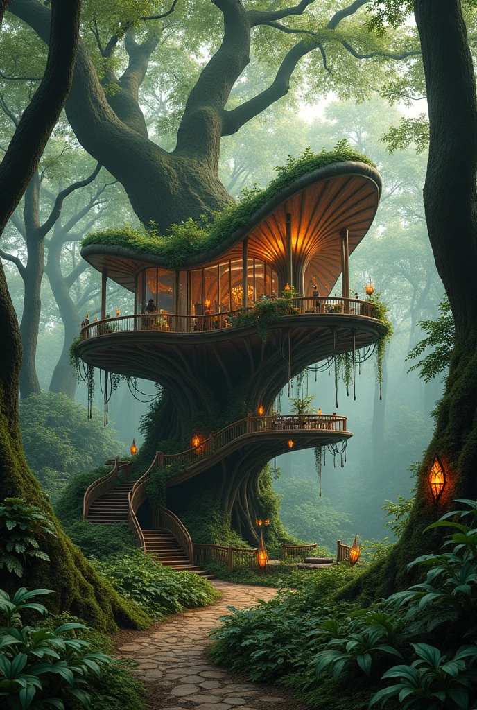 genarate a photo of a very unusual looking caffe in the woods, Fantasy architecture, Elven architecture, fantasy house, tree house, Solarpunk architecture, Fantasy buildings, highly detailed fantasy, Complex and realistic fantasy, Solarpunk Village, highly detailed fantasyアート, Solarpunk futuristic utopia, Solar Punk Utopia, 4K high-definition digital art, detailed fantasy digital art, fantasy surrealism,master piece, best high resolution,high quality content, 8K with great detail. use dark green colors ,so many trees . pc background dimensions.