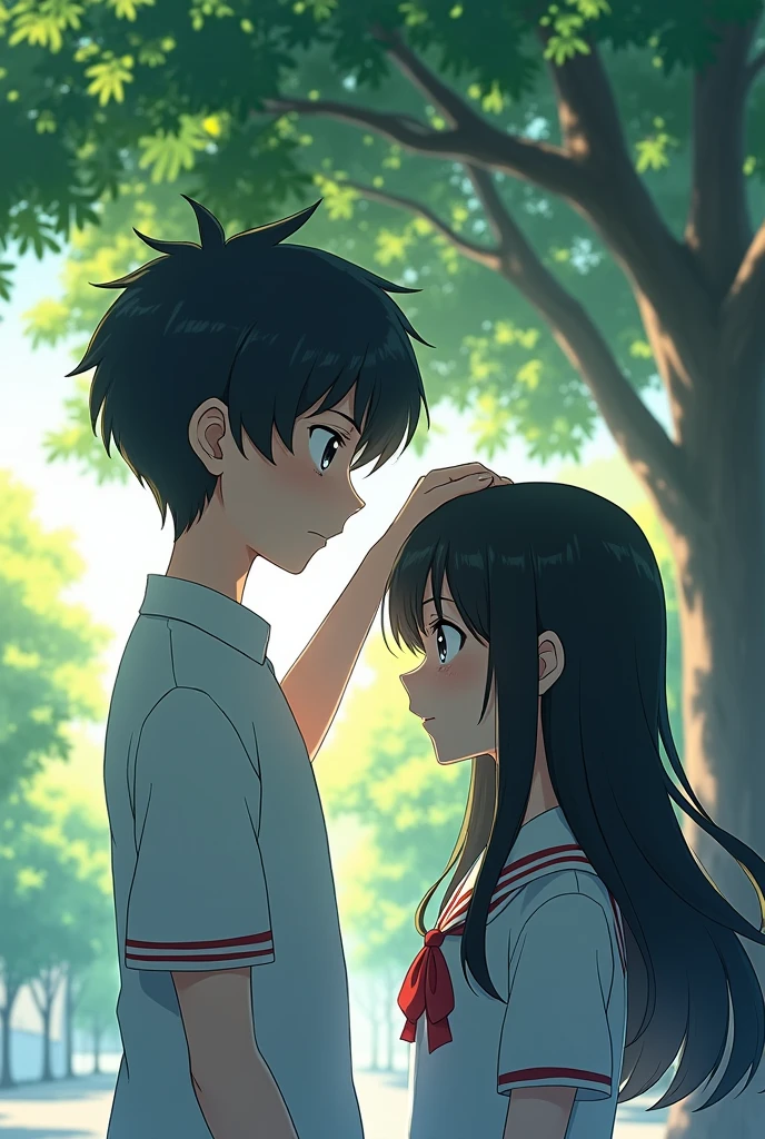 anime style.scene high quality in the school under a tree.A school couple.A boy which taller than the girl. The boy is touch the girl head.the girl feel ashamed and introvert.the girl is long black hair and the boy is textured bowl cut. Drawing ligh more visible and details。they wear school uniform their skin whitening