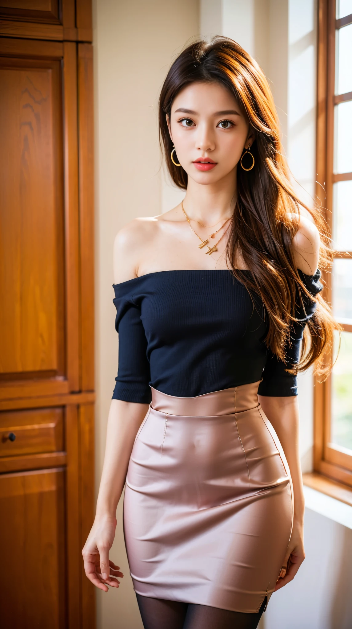 (realistic, best quality, ultra high resolution, Highly detailed eyes and face:1.3),(1 woman, alone:1.3),skirt,bijouterie,long_hair,necklace,earring,(pantyhose:1.2),perfect body,standing,big bust,upper body,split,looking at viewer,(wide hips,small_waist),off shoulder_dress,