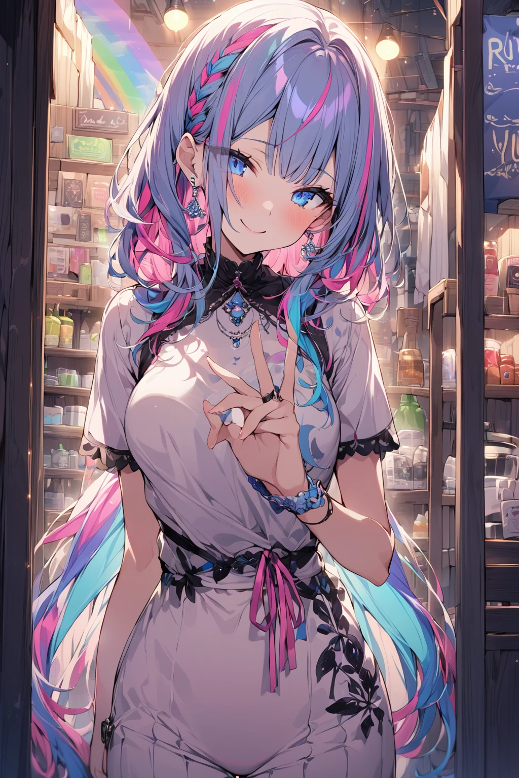 (masterpiece), (((Highest quality)), (Very detailed), 1 person, (Rainbow Hair, Colorful Hair, Half Blue、Half pink hair: 1.2), , (yukina: 1.2), Outdoor, bangs, smile, Sky blue eyes, Perfect hands, Perfect hands, Hand Detail, Modified fingers. Earrings, Night Store + background, Looking_in_Audience, Cowboy Shot, Highest quality, Rich details, Perfect image quality,