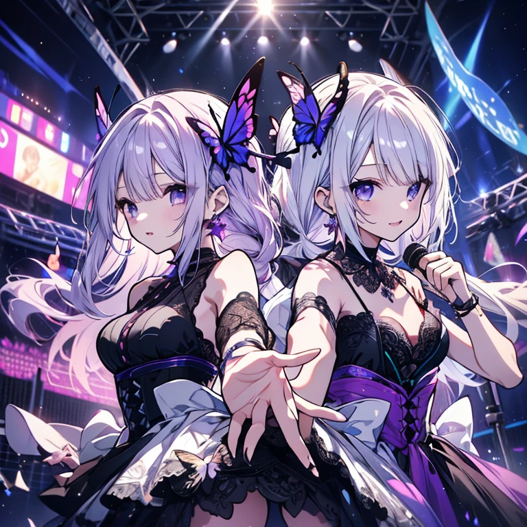 2 people、Mature、Ample breasts、Long Hair、White hair、Purple Hair、Idol Group、2 people組み、Diva、Open Mouth、sing、Back to Back、Turn your backs on each other、Live Stage、Black costume、Lace fabric、Shoulder Bare、Miniskirt、choker、Earrings、bracelet、Hold the microphone、Starry Sky、Galaxy Knight、Butterflies fluttering、Spotlight、smile、cool、High resolution、Highest quality