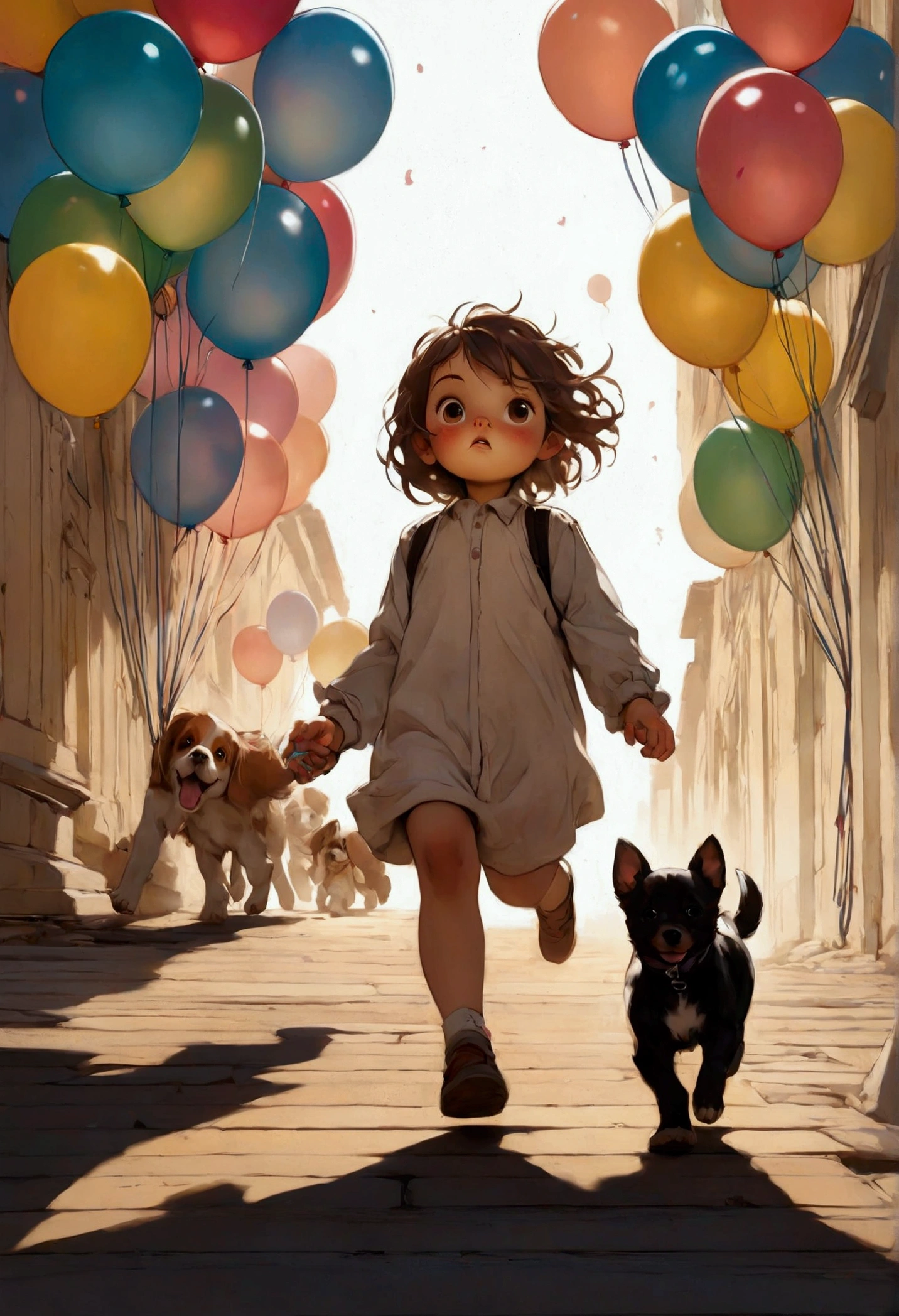 Child with baloons in hand running towards the puppy who also running towards child