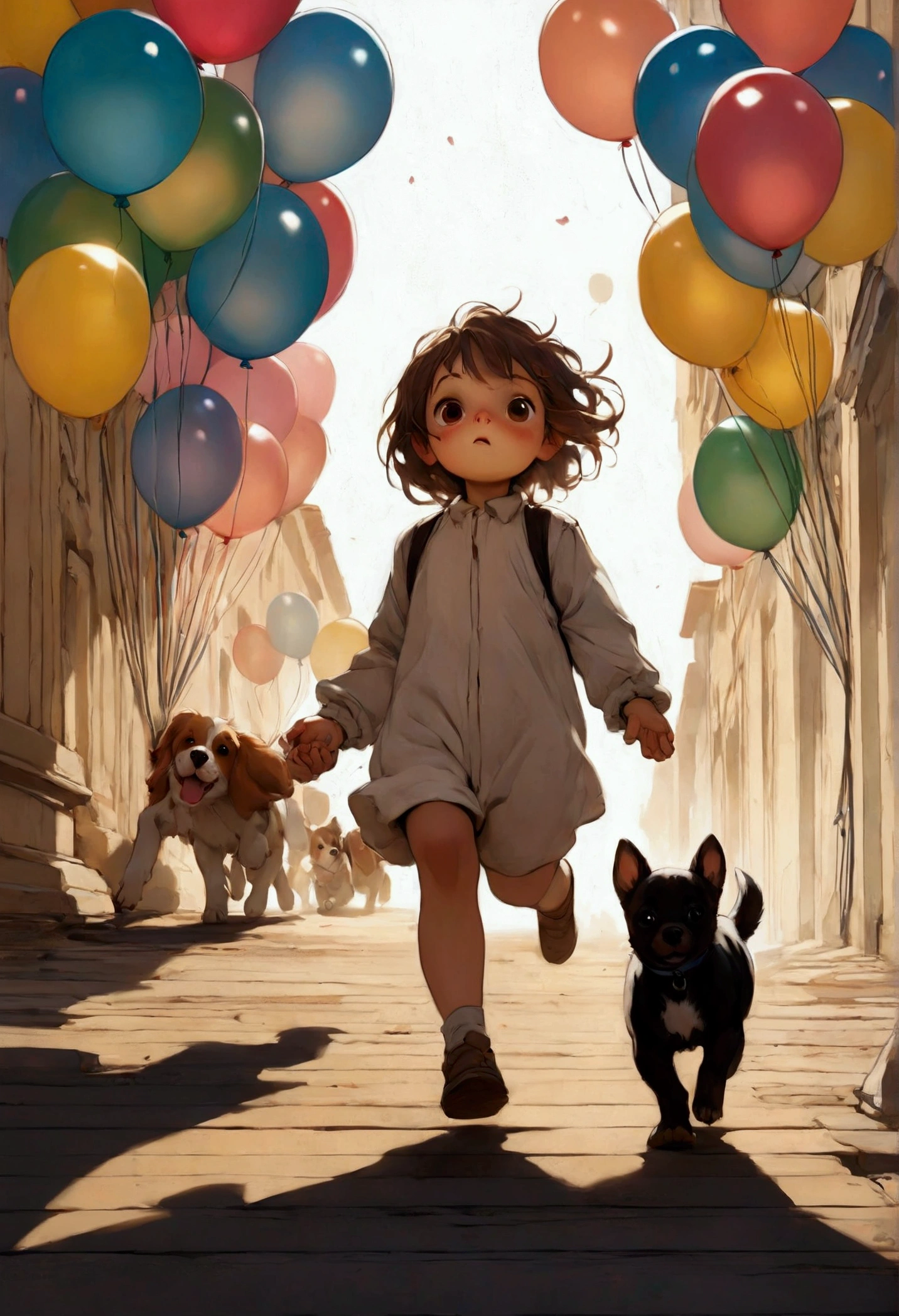 Child with baloons in hand running towards the puppy who also running towards child