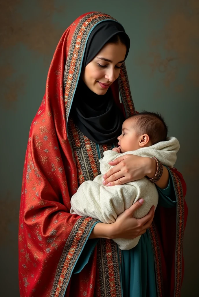 Iranian mother in authentic Iranian clothes with 