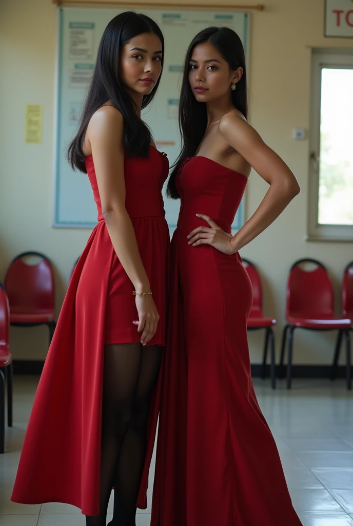 two arab woman, 20 years old, medium black straight hair side hairstyle, Big chest, posing from side in photo in full body, mediumvand sleeveless Dark red strapless plissada dress, black pantyhoses, high heels, in a scholl, detailed face