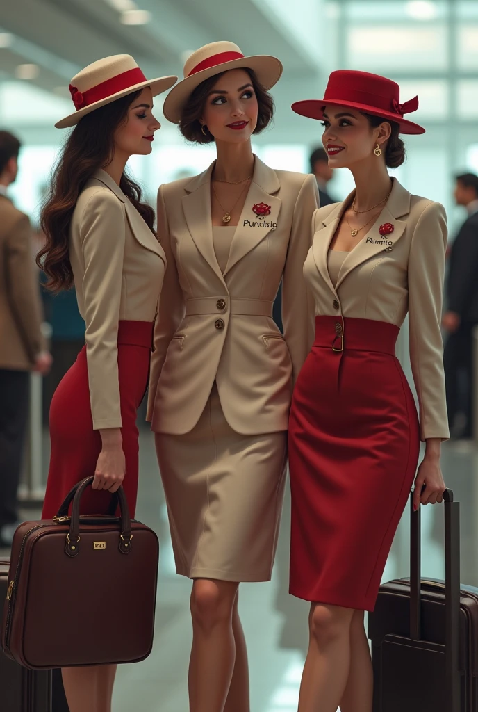 Create hostesses who have the brand pumclo on their uniform and a cat paw print in red, the letters and the paw print so that they are dressed elegantly and say PUMCLO, put a hat on them so that they are real people, so that they are HOSTESSES at the airport with real women.