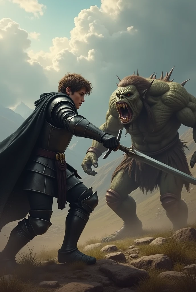 generate landscape picture, 1080p, generate brave young man with brown hair , wearing black armor, a knight with a sword, battle the orcs with fierce and without fear, he killed one orc of the hordes