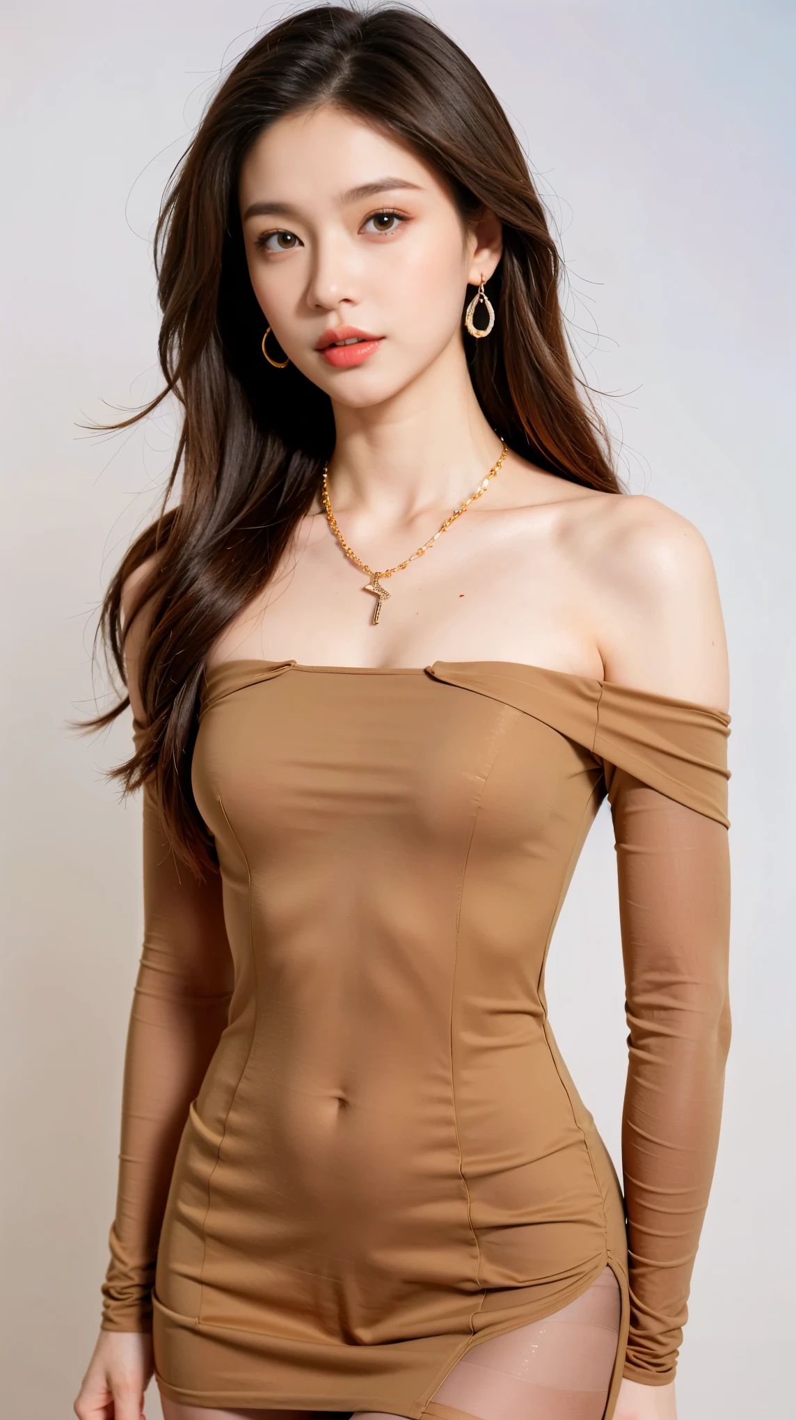 (realistic, best quality, ultra high resolution, Highly detailed eyes and face:1.3),(1 woman, alone:1.3),skirt,bijouterie,long_hair,necklace,earring,(hose:1.2),perfect body,standing,big bust,upper body,split,looking at viewer,(wide hips,small_waist),off shoulder_dress,