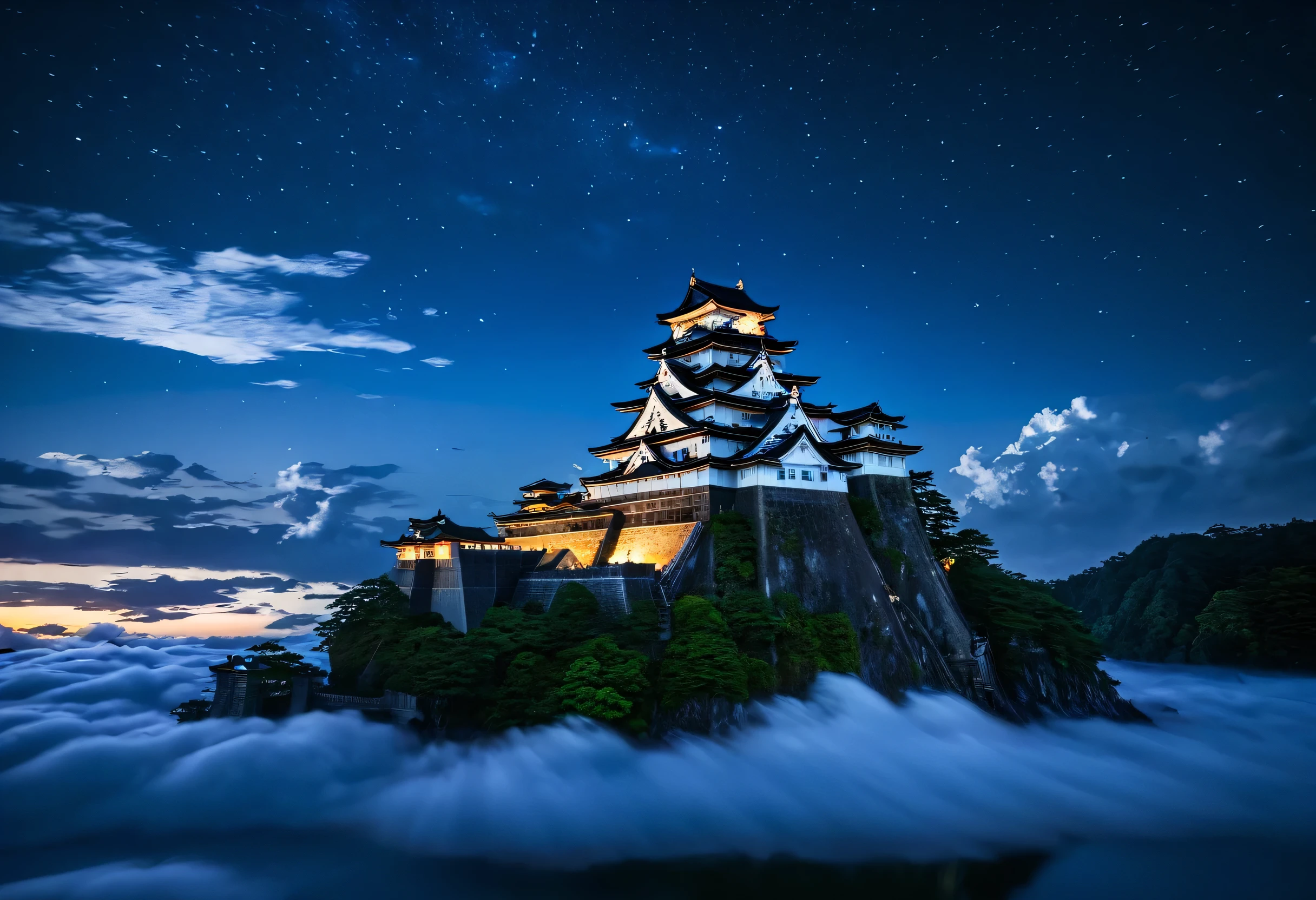 In Japan’s Sengoku period, as night falls, a divine castle appears floating in the sky, eternally glowing as a sleepless fortress. Under the beautiful starlit sky and surrounded by a sea of clouds, this castle is a mystical place filled with the dreams and ambitions of ancient warlords. The breathtaking architecture intertwined with nature creates a scene that inspires awe in all who behold it.