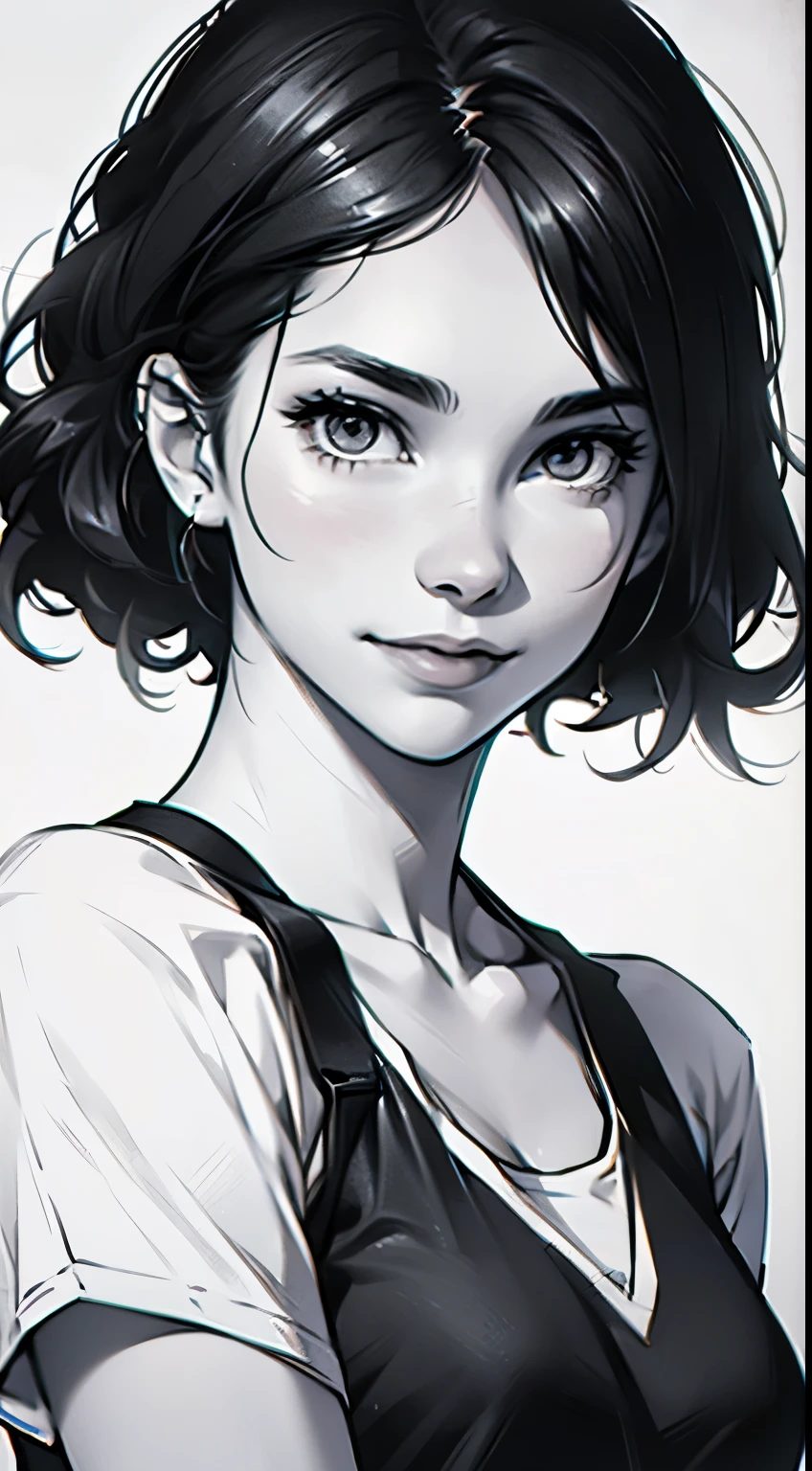 Best quality,8K resolution,sketch,pencil drawing,Intensify pencil strokes,Portrait of teenage girl,Short and delicate hair,Smile,Sportswear,Ultrafine,The hair is carefully described,The eyes are carefully depicted,,Black and white photo,Black and White Art,Black and white illustration