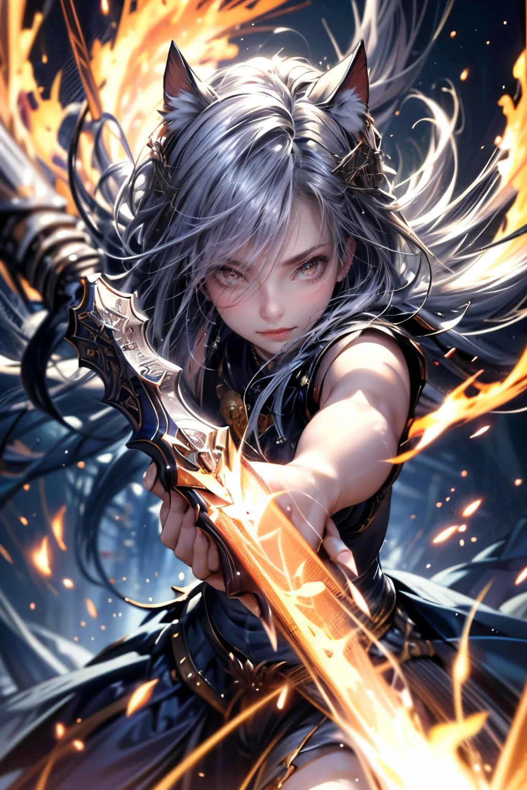 European Style、Fantasy Illustration、masterpiece: 1.2、Highest quality、High resolution、16K、Beautiful details、ultra-realistic、Photorealistic: 1.37、Wield a powerful sword、A young man surrounded by swirling flames、A powerful figure that embodies the fierce and determined warrior spirit、Cat ear、銀hair、(3DCG)、3D Rendering、Attractive body、Energetic、Large Breasts、Seductive smile、Moving lines、Moisturized Skin、(Blue Eye)、Realistic body、(Adult female body)、Attractive breasts、Delicate and beautiful(hair、face、eye、pupil、Sickle)、Full body wide view、Dynamic pose。