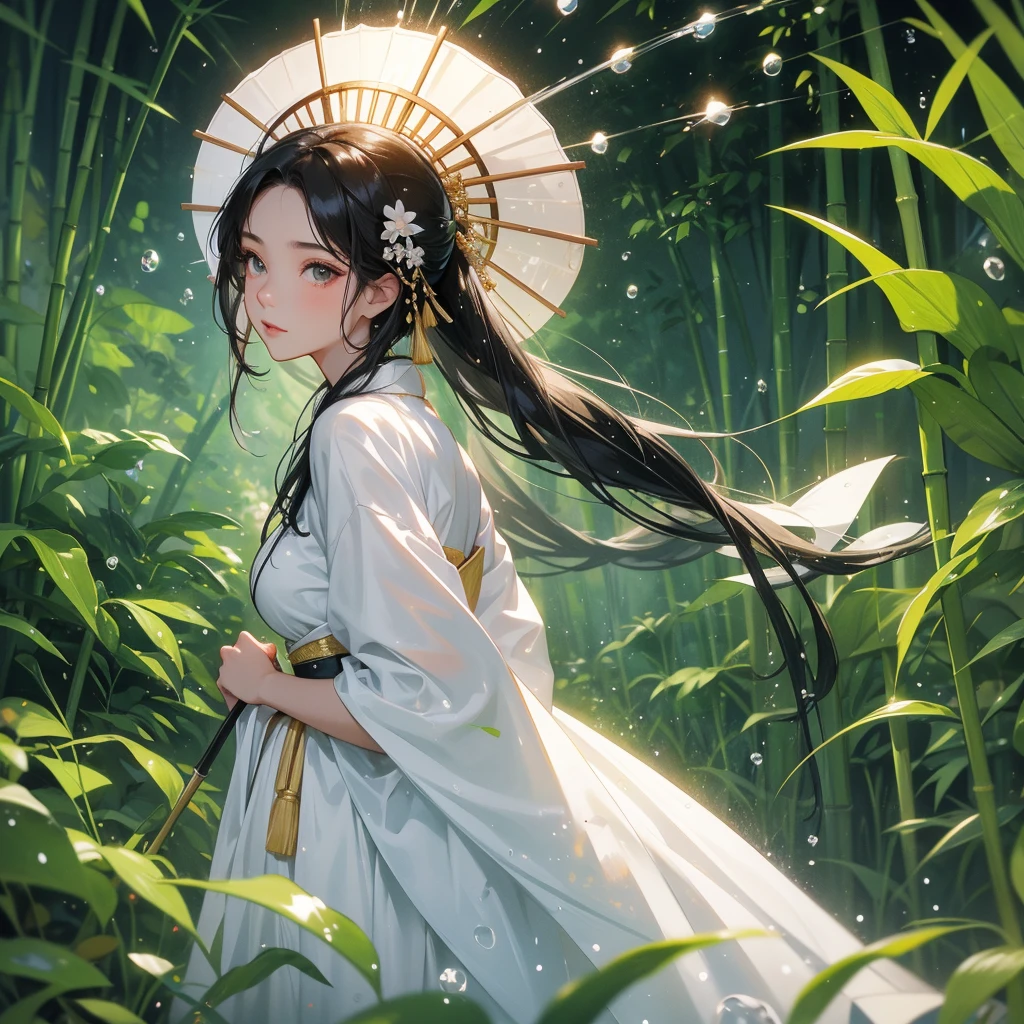 A black hair beautiful female in white hanfu dress , close up.
The back is a lush green bamboo forest. The air after rain has water droplets splashing around.