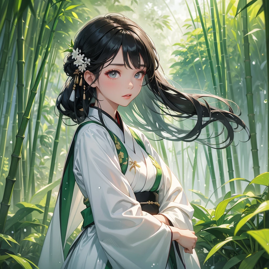 A black hair beautiful female in white hanfu dress , close up.
The back is a lush green bamboo forest. The air after rain has water droplets splashing around.