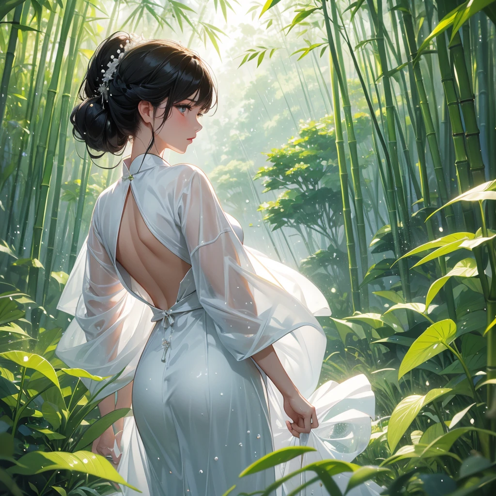A black hair beautiful female in white hanfu dress , close up.
The back is a lush green bamboo forest. The air after rain has water droplets splashing around.