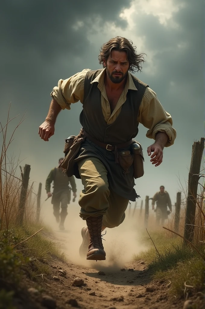 English peasant running in the farmland in chaos