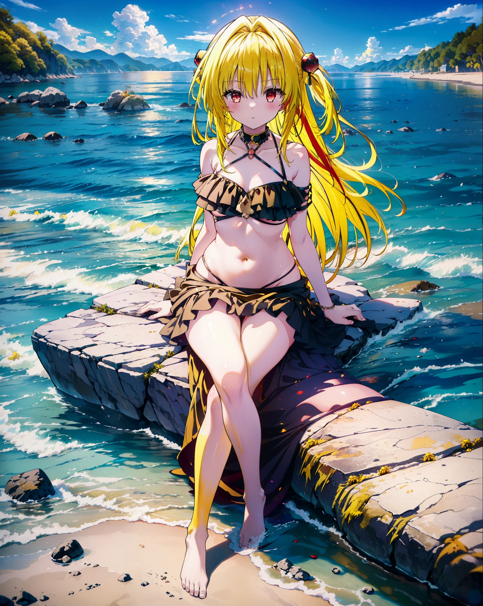 toloverumy, my, (Yellow Hair:1.5), Long Hair, (Red eyes:1.5), (hair ornaments:1.2), Both sides up, Black frilly bikini swimsuit,Belly button,abdomen,A thin long skirt is wrapped around her waist,barefoot,Sitting on a big rock,Rocky area,night,moonlight,meteor,whole bodyがイラストに入るように,
break outdoors, Beach,
break looking at viewer, whole body,
break (masterpiece:1.2), Highest quality, High resolution, unity 8k wallpaper, (figure:0.8), (Beautiful attention to detail:1.6), Highly detailed face, Perfect lighting, Highly detailed CG, (Perfect hands, Perfect Anatomy),