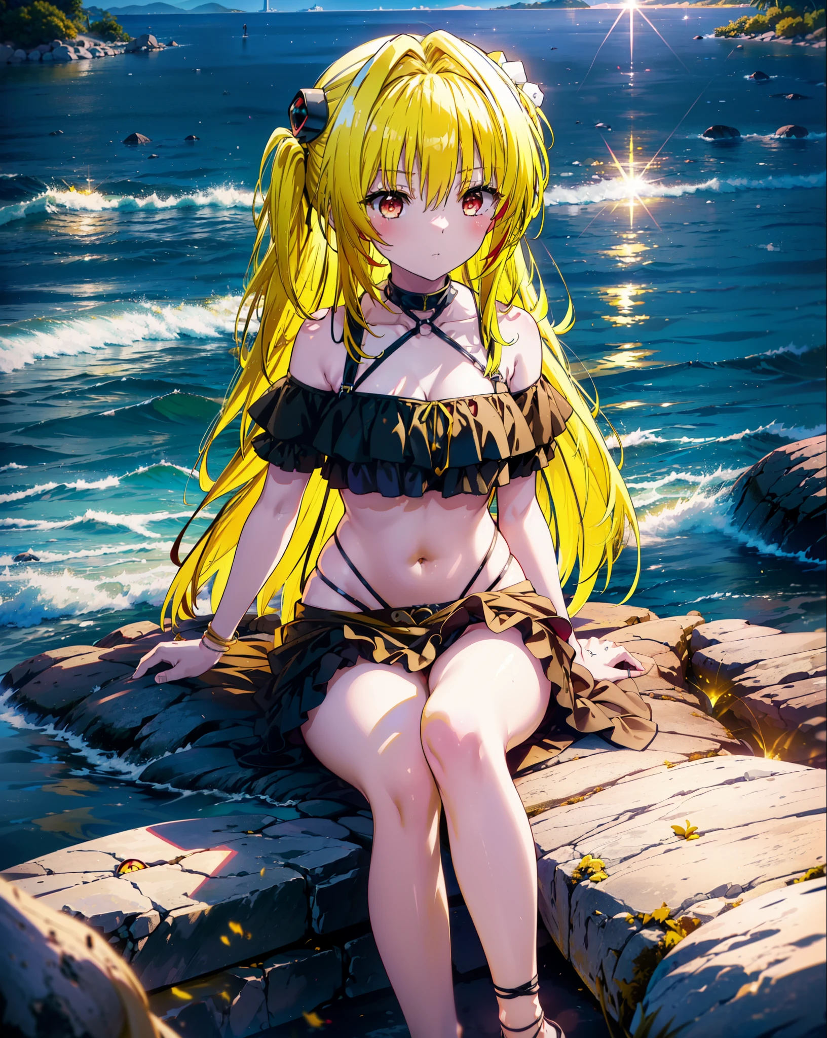 toloverumy, my, (Yellow Hair:1.5), Long Hair, (Red eyes:1.5), (hair ornaments:1.2), Both sides up, Black frilly bikini swimsuit,Belly button,abdomen,A thin long skirt is wrapped around her waist,barefoot,Sitting on a big rock,Rocky area,night,moonlight,meteor,whole bodyがイラストに入るように,
break outdoors, Beach,
break looking at viewer, whole body,
break (masterpiece:1.2), Highest quality, High resolution, unity 8k wallpaper, (figure:0.8), (Beautiful attention to detail:1.6), Highly detailed face, Perfect lighting, Highly detailed CG, (Perfect hands, Perfect Anatomy),