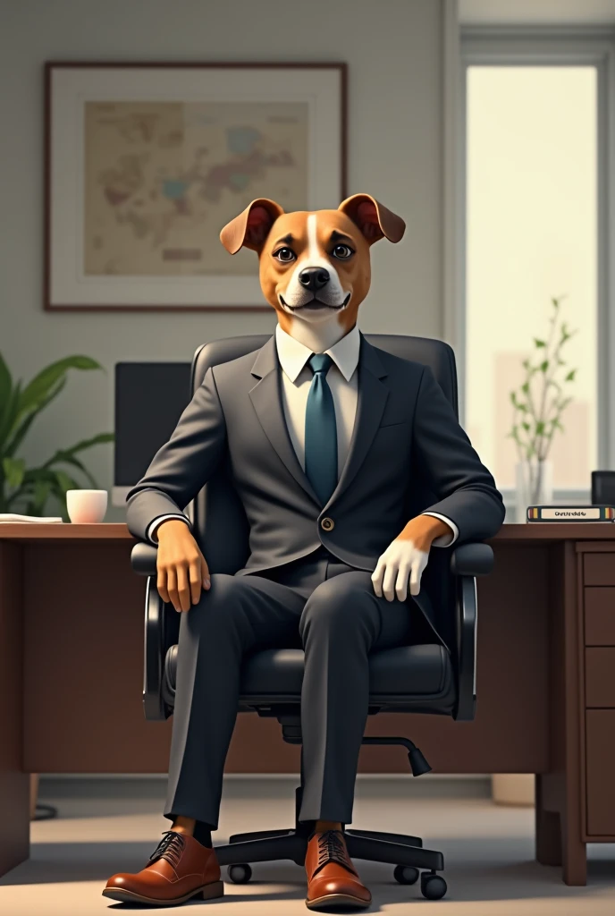 A dog has sit on chair in his office uniform