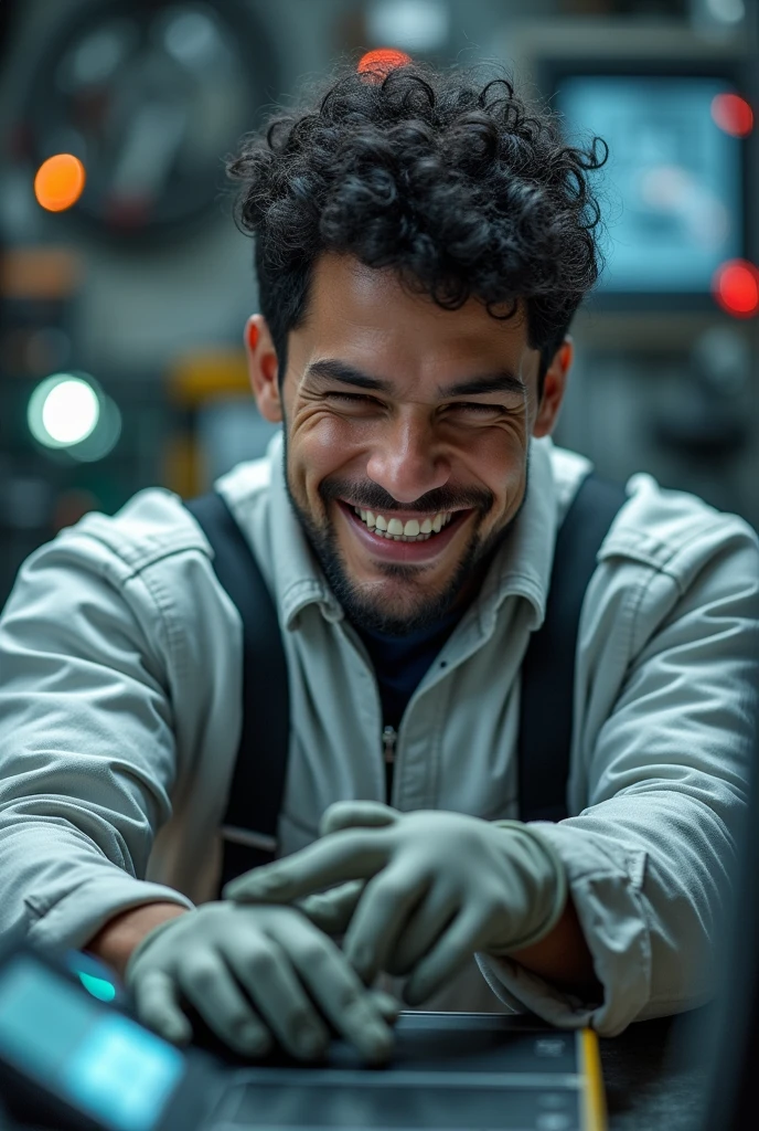 photo of a thin male electrical engineer with short curvy black hair wearing complete safety clothing and safety gloves smiling broadly while working in front of a human machine interface for electrical power research with a background of active nuclear fusion, the photo was taken from directly above and highlights the face down to the feet