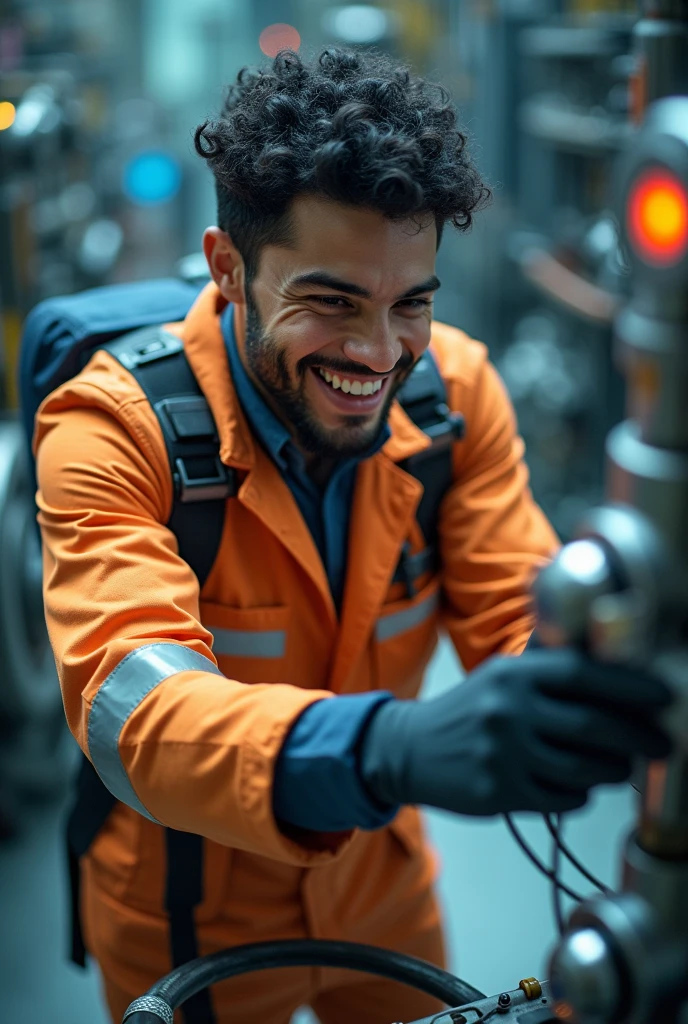 photo of a thin male electrical engineer with short curvy black hair wearing complete safety clothing and safety gloves smiling broadly while working in front of a human machine interface for electrical power research with a background of active nuclear fusion, the photo was taken from directly above and highlights the face down to the feet