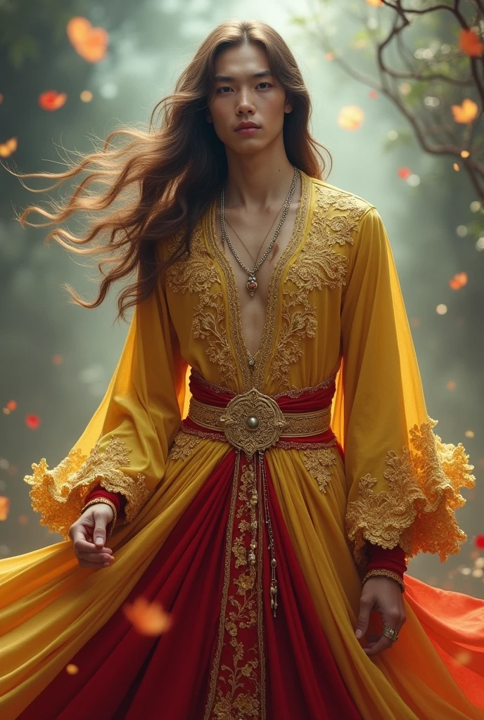 Young Man , solo, (((gold and red dress))), flowers, jewelry, long sleeves, wide sleeves, chinese clothes, hanfu, embroidery, long skirt, long flowing hair, detailed face, detailed beautiful eyes, (intricate:1.3), (arcane aura:1.2), (dreamlike:1.3), (subtle mist:1.1),(vibrant colors:1.2), (detailed hair:1.3), (ultra realistic details:1.5),