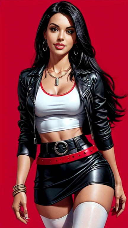 1 woman 30 years old, One, long straight black hair, bang,I look at the viewer, detailed eyes, shy smile,Jewelry, medium breast, earrings,belt, blue leather jacket over a tight red t-shirt,mini skirt,sheer white tights,NECKLACE, bracelet, lips,((Dynamic angle)),