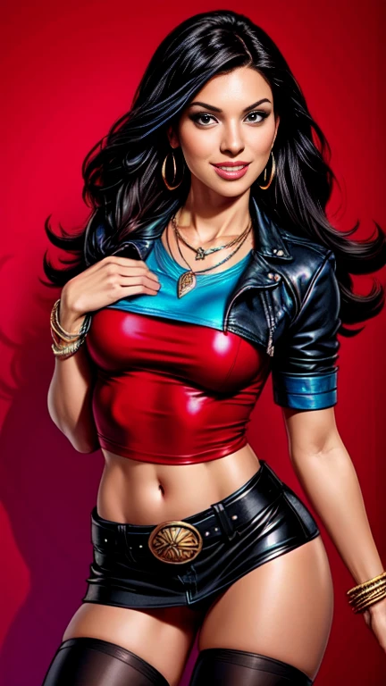 1 woman 30 years old, One, long straight black hair, bang,I look at the viewer, detailed eyes, shy smile,Jewelry, medium breast, earrings,belt, blue leather jacket over a tight red t-shirt,mini skirt,sheer white tights,NECKLACE, bracelet, lips,((Dynamic angle)),