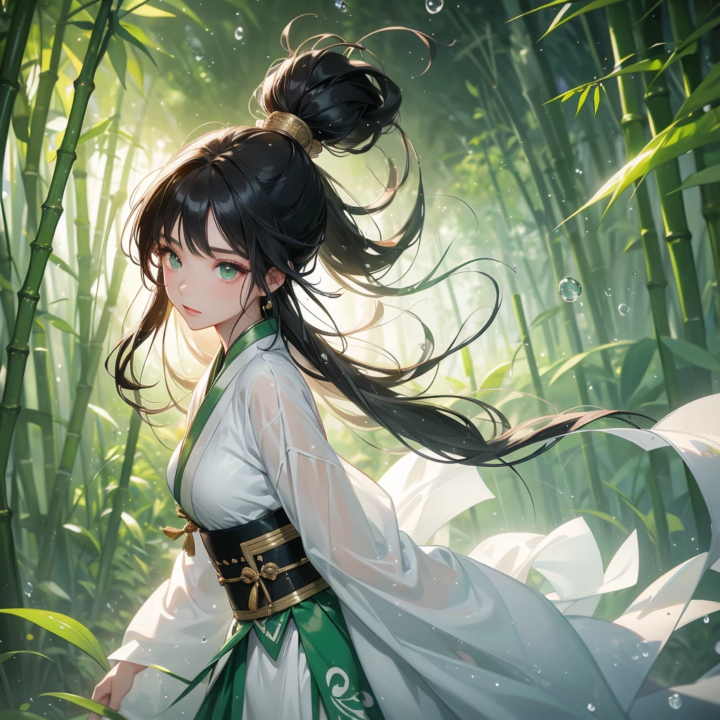 A black hair beautiful female in white hanfu dress , close up.
The back is a lush green bamboo forest. The air after rain has water droplets splashing around.